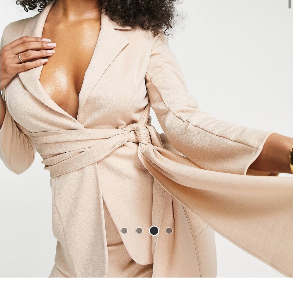 ASOS DESIGN glam jersey linen look wrap suit blazer in oatmeal